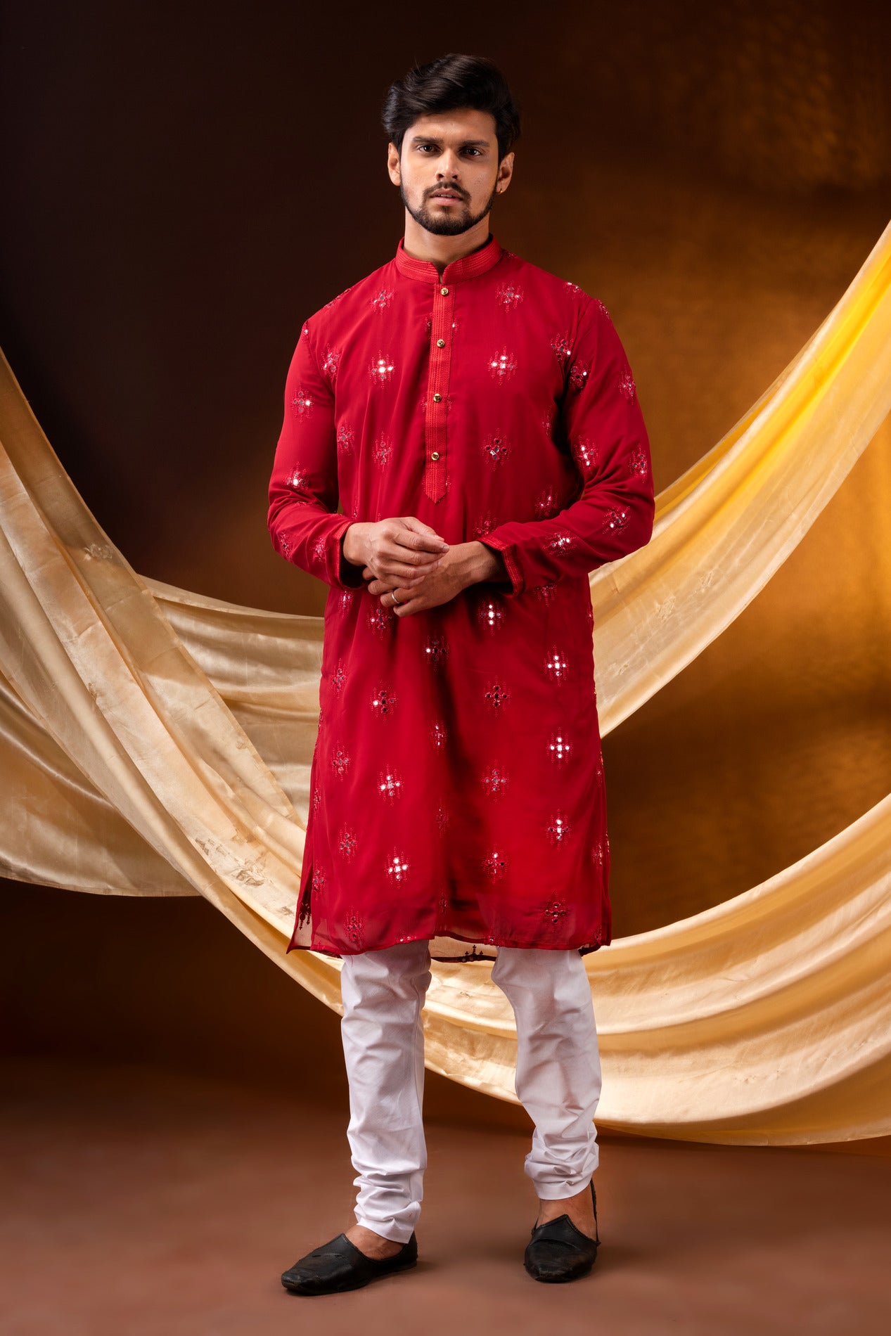 HAMSAFAR Men’s Red Georgette Sequence with cotton Astar Party wear Kurta