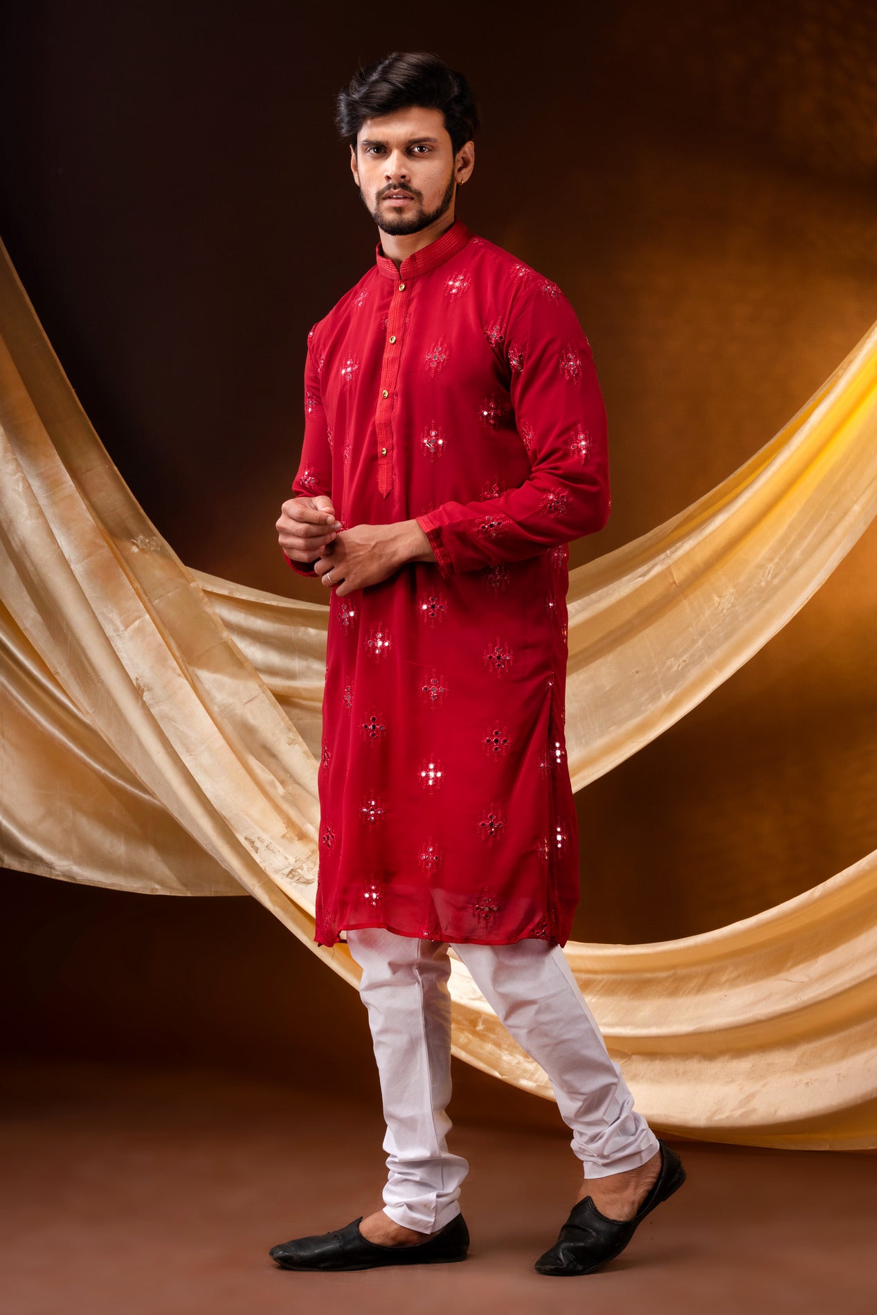 HAMSAFAR Men’s Red Georgette Sequence with cotton Astar Party wear Kurta