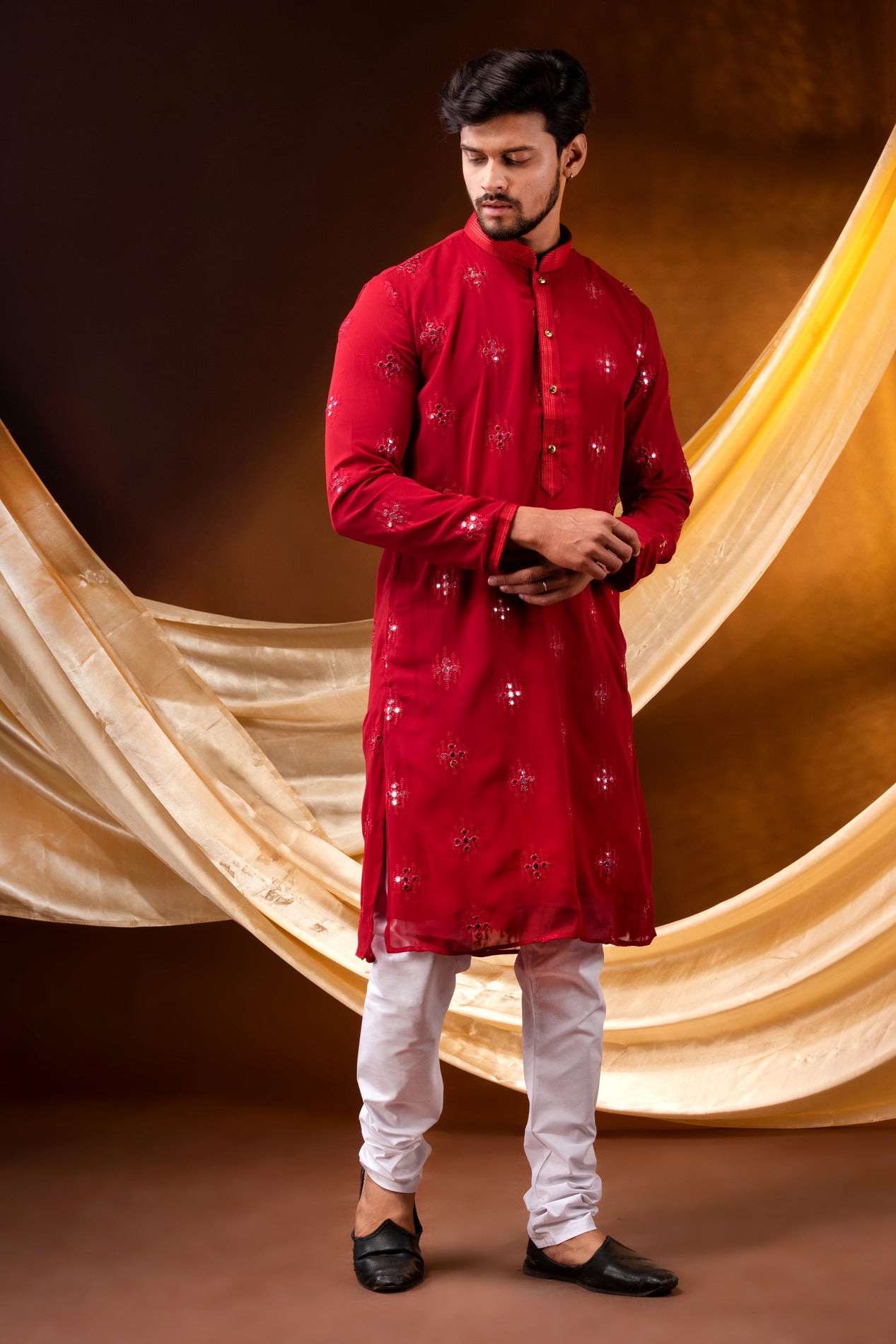 HAMSAFAR Men’s Red Georgette Sequence with cotton Astar Party wear Kurta