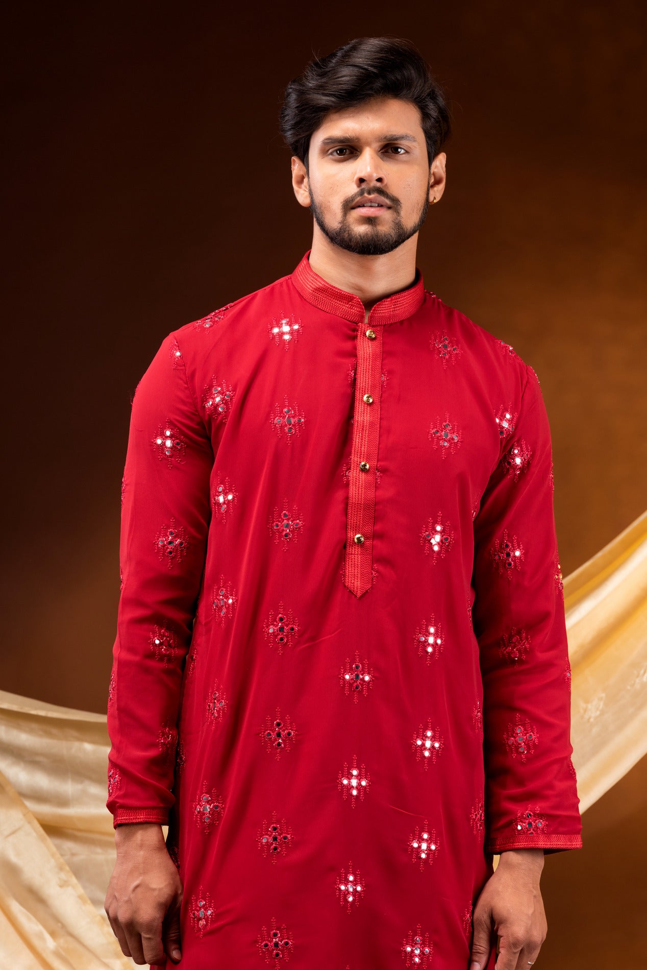 HAMSAFAR Men’s Red Georgette Sequence with cotton Astar Party wear Kurta