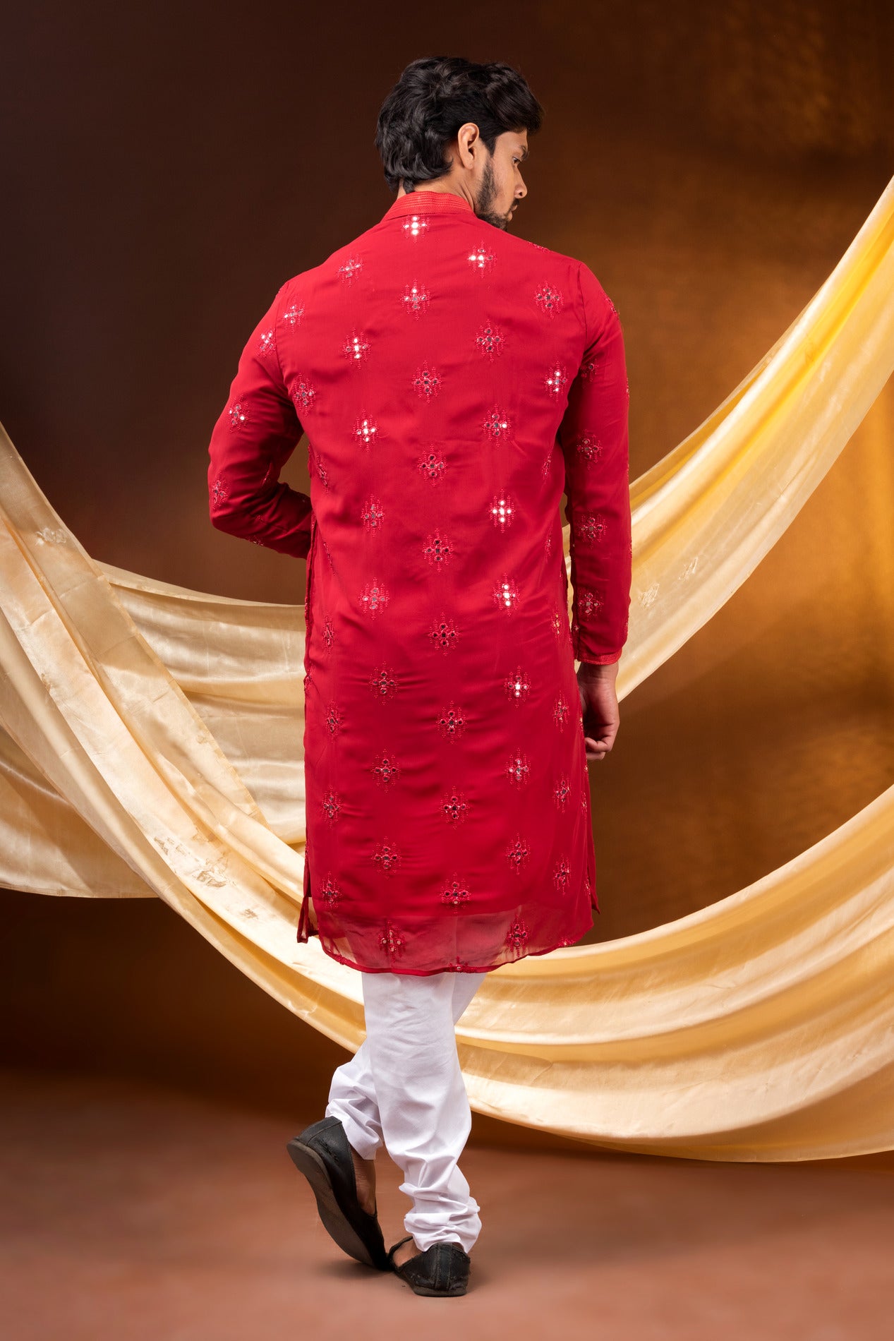 HAMSAFAR Men’s Red Georgette Sequence with cotton Astar Party wear Kurta