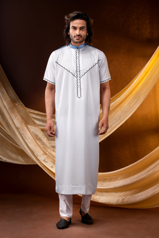 HAMSAFAR KURTA Thobe White with Embroidered Collar