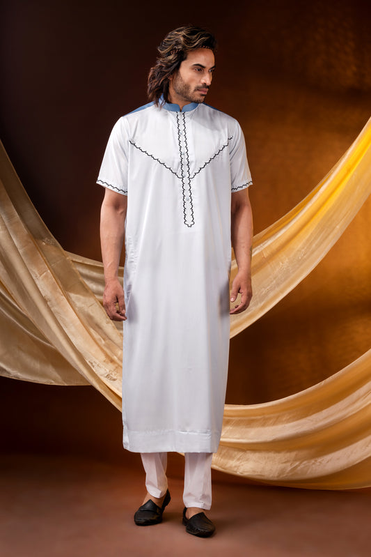 HAMSAFAR KURTA Thobe White with Embroidered Collar