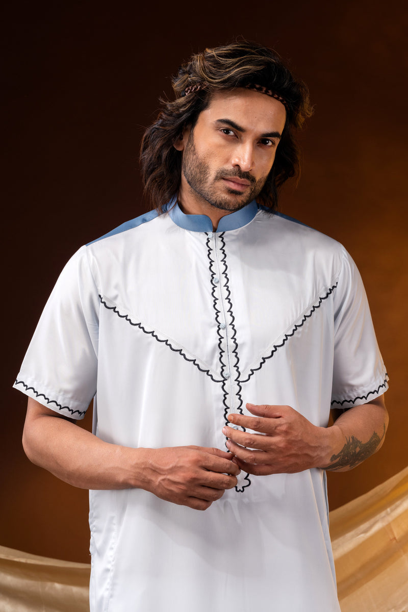 HAMSAFAR KURTA Thobe White with Embroidered Collar