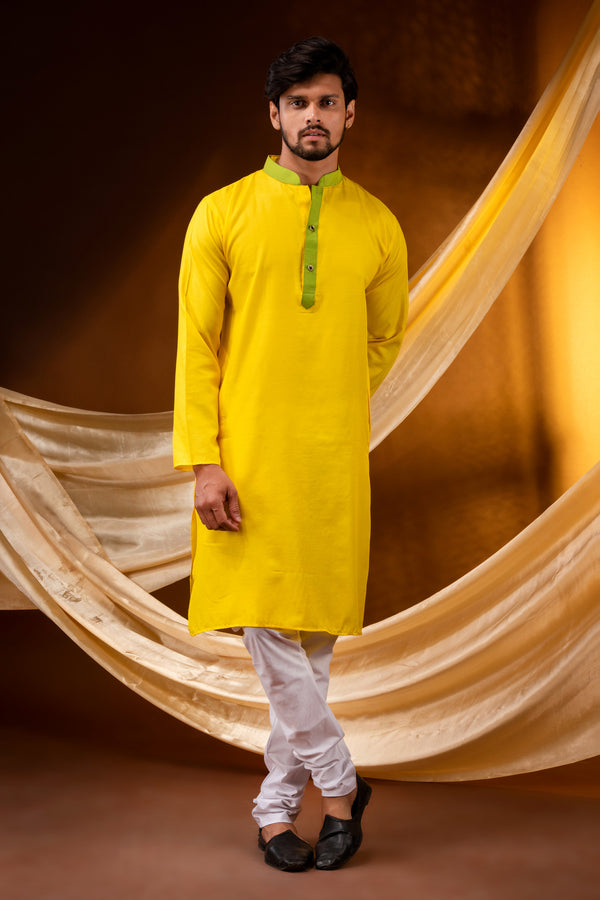 HAMSAFAR Men’s Yellow Plain Cotton Casual Kurta