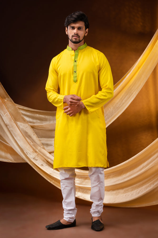 HAMSAFAR Men’s Yellow Plain Cotton Casual Kurta