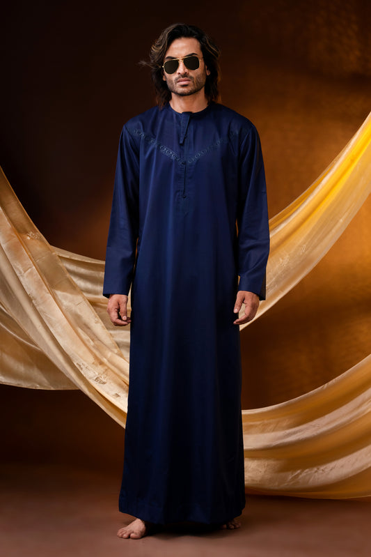 HAMSAFAR KURTA Thobe Blue with Embroidered Collar