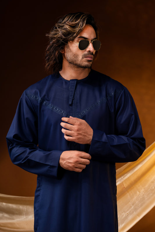 HAMSAFAR KURTA Thobe Blue with Embroidered Collar