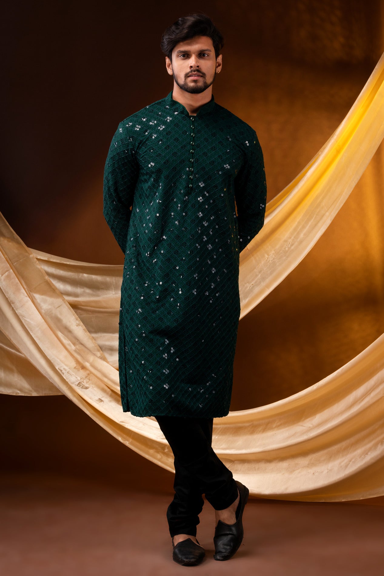 HAMSAFAR Men’s Dark Green Sequence Cotton Casual Kurta