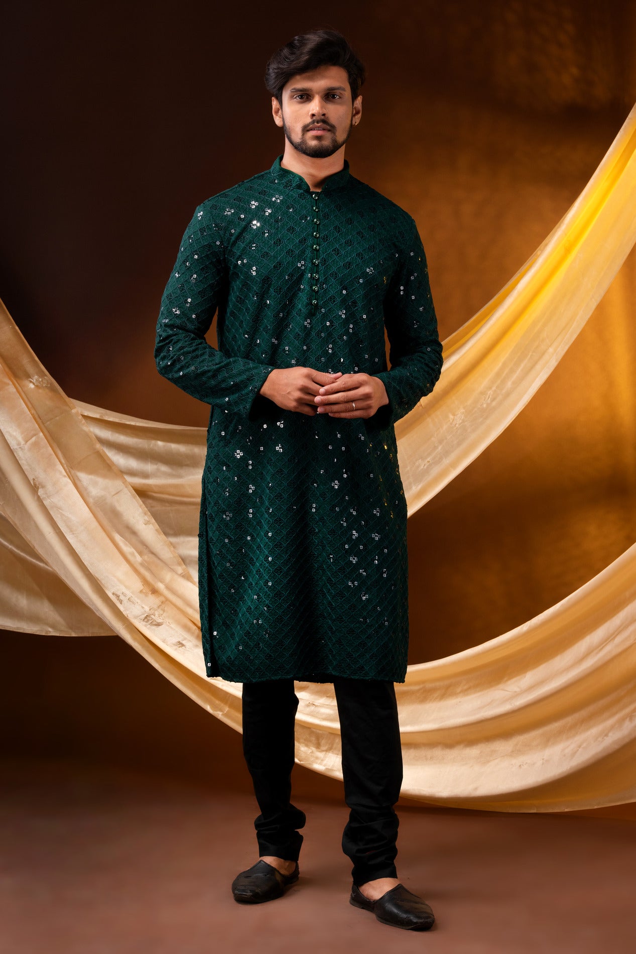 HAMSAFAR Men’s Dark Green Sequence Cotton Casual Kurta