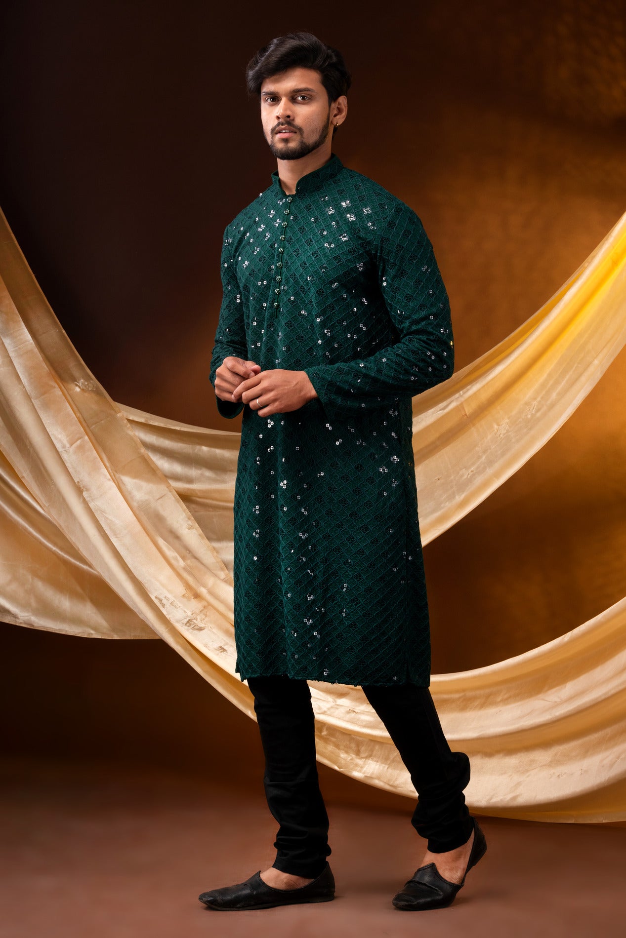 HAMSAFAR Men’s Dark Green Sequence Cotton Casual Kurta