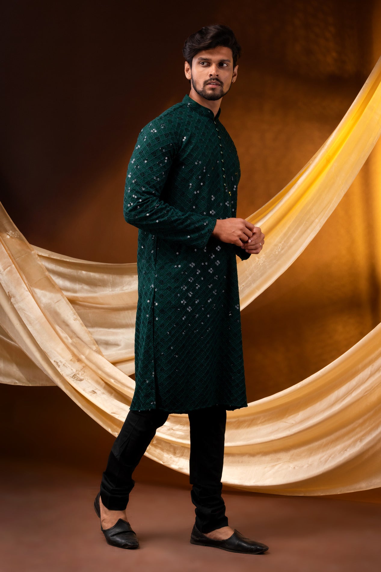HAMSAFAR Men’s Dark Green Sequence Cotton Casual Kurta