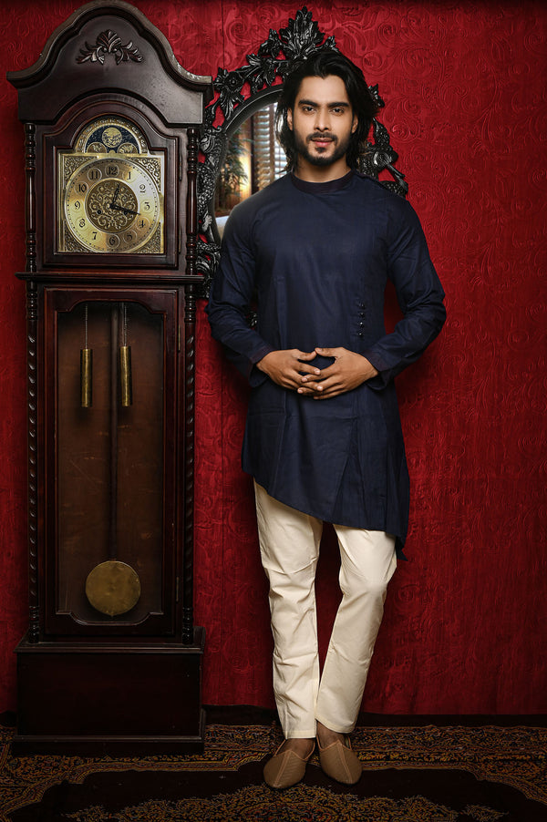 HAMSAFAR Men’s Denim Blue Linen Look Cotton Short Kurta