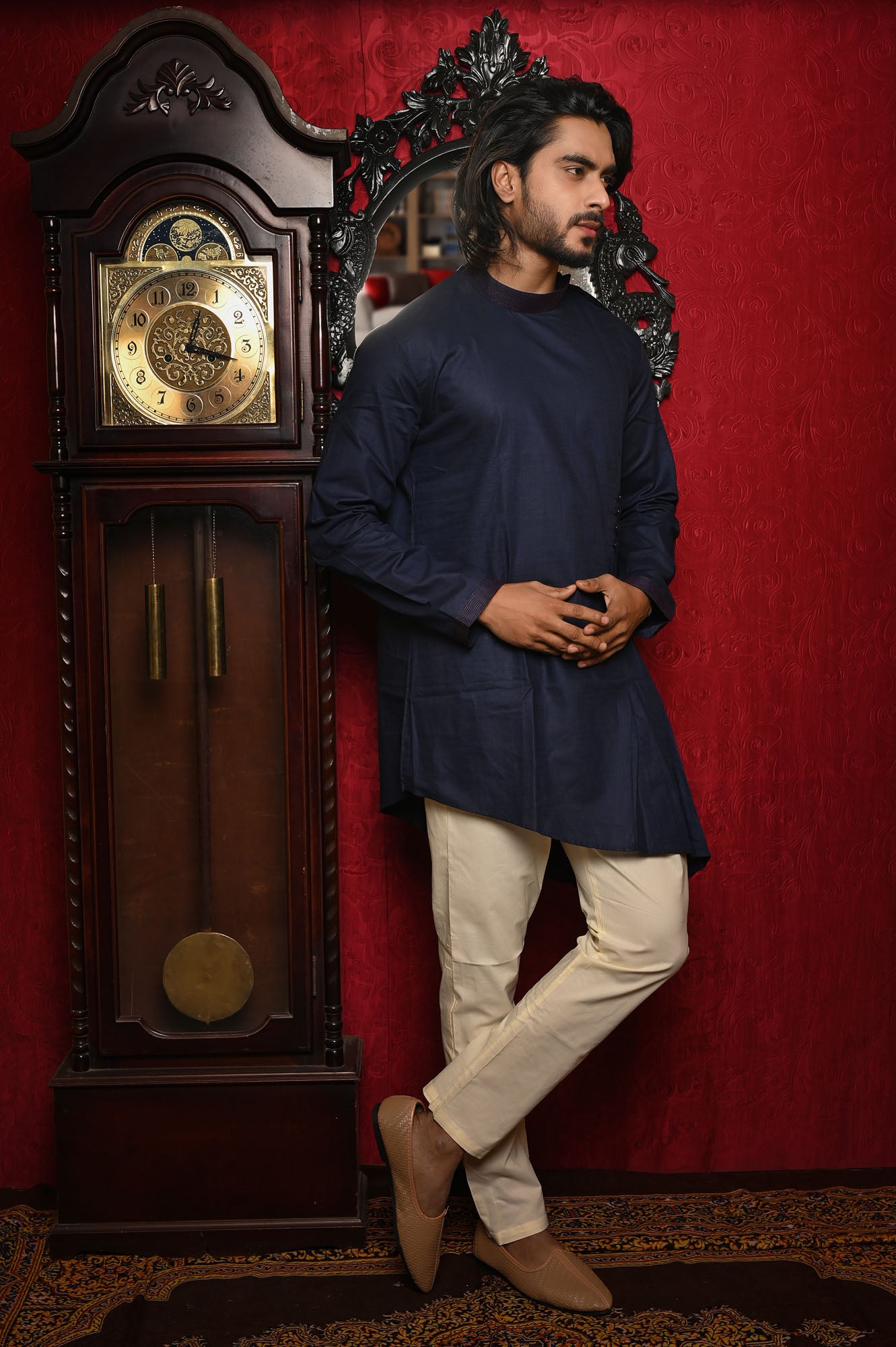 HAMSAFAR Men’s Denim Blue Linen Look Cotton Short Kurta