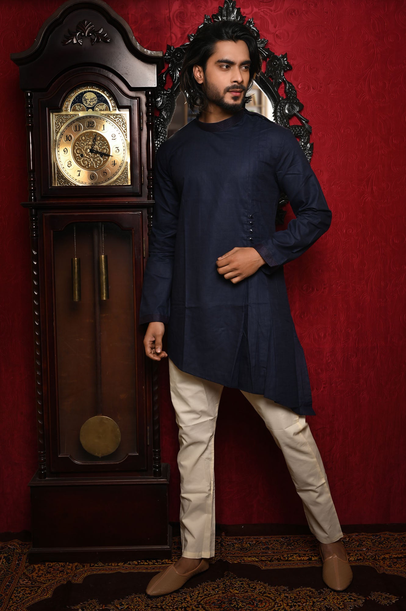 HAMSAFAR Men’s Denim Blue Linen Look Cotton Short Kurta