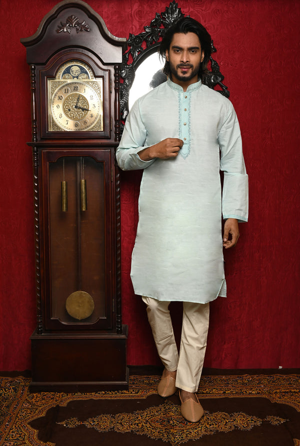 HAMSAFAR Men’s Light Sky Blue Cotton Casual Kurta