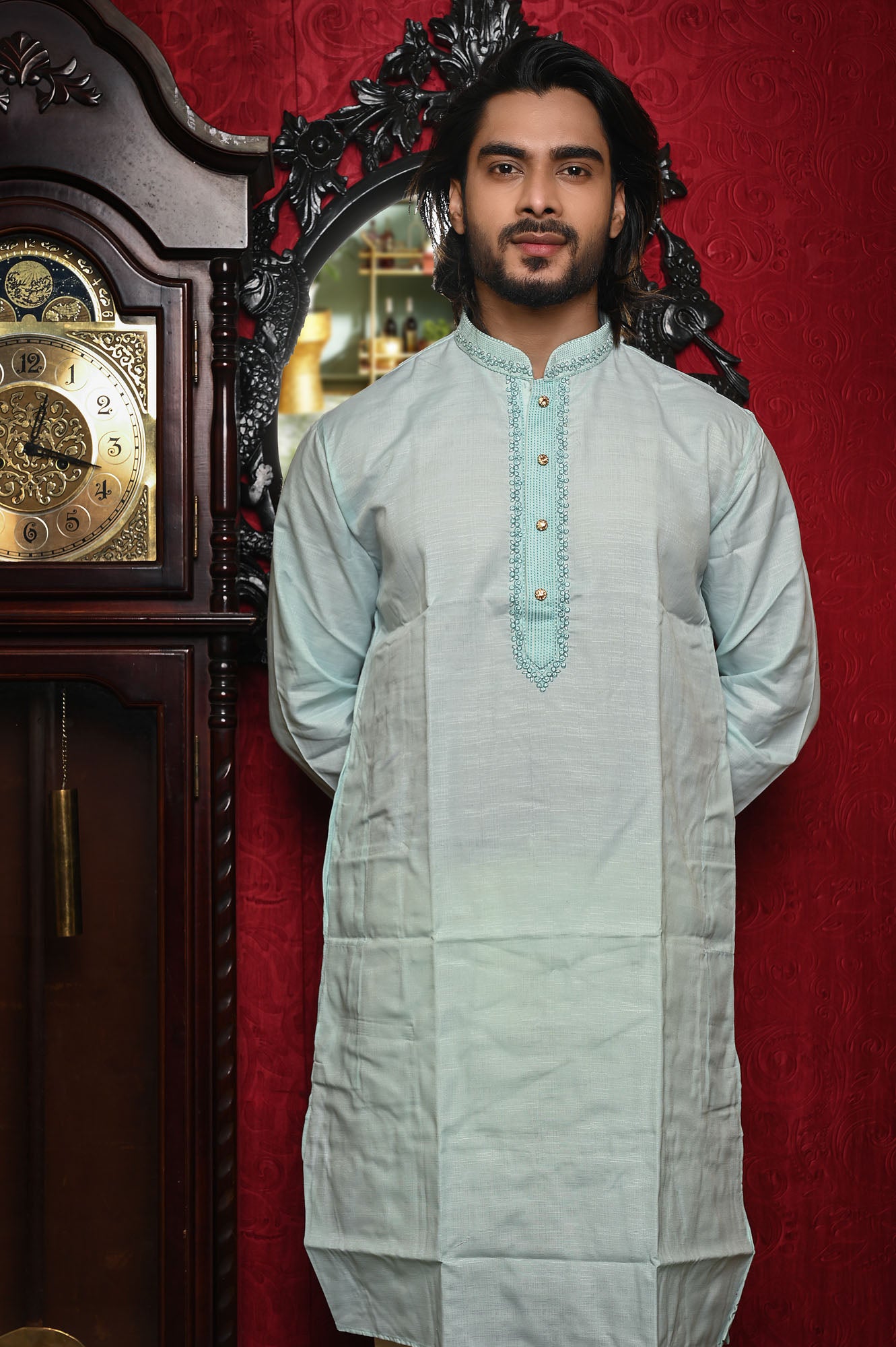 HAMSAFAR Men’s Light Sky Blue Cotton Casual Kurta