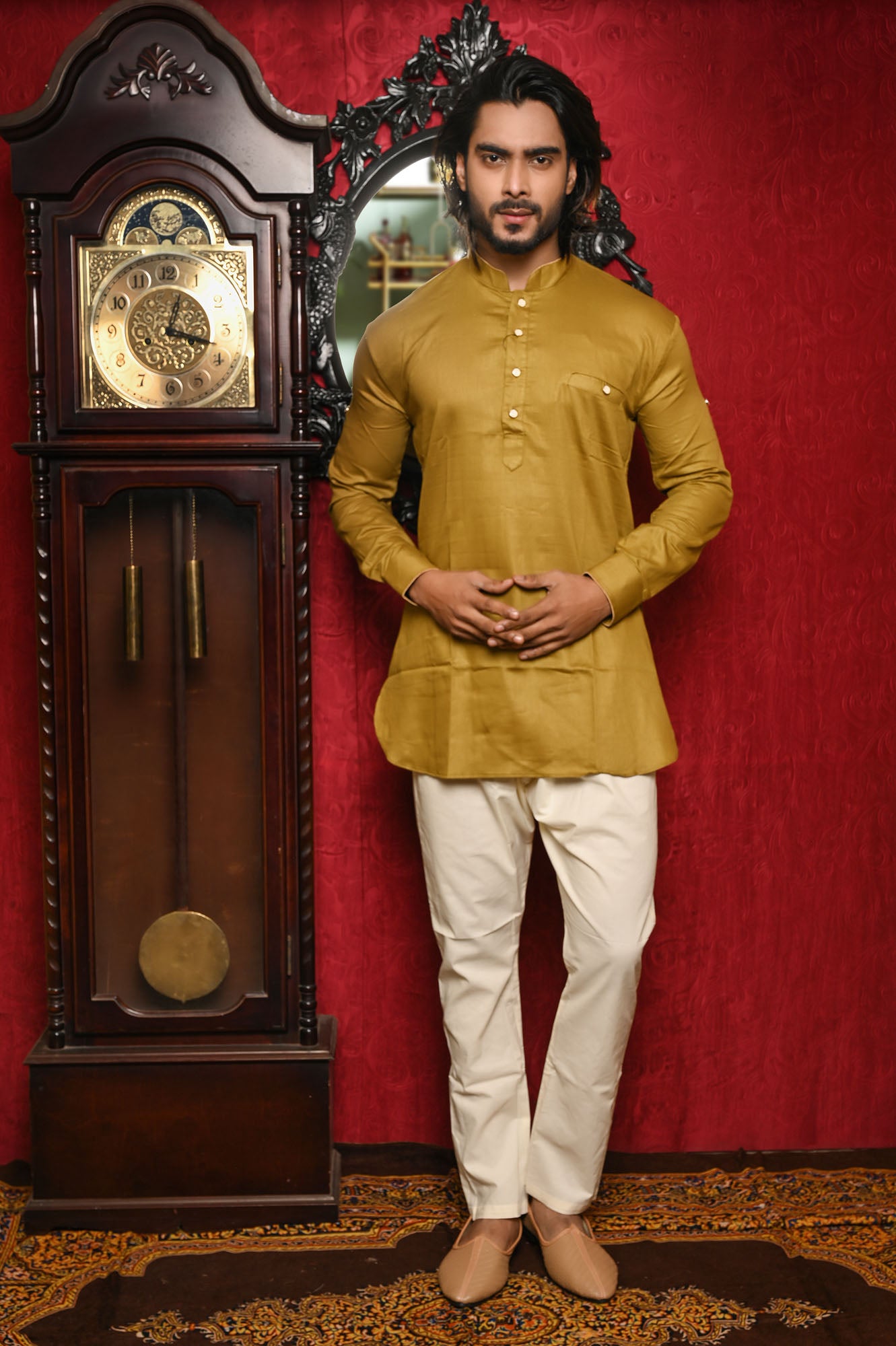 HAMSAFAR Men’s Tan Brown Short Cotton Casual Kurta