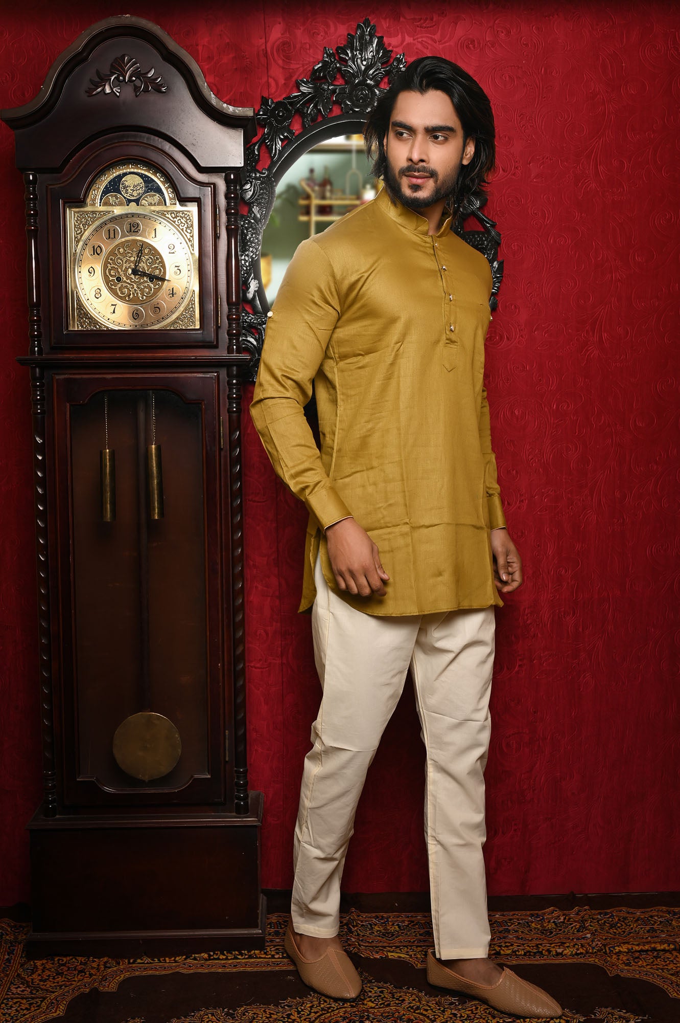 HAMSAFAR Men’s Tan Brown Short Cotton Casual Kurta