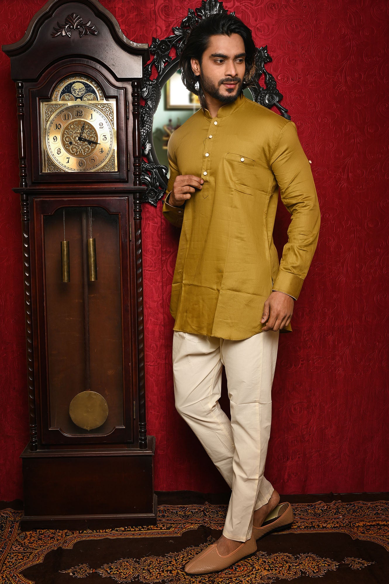 HAMSAFAR Men’s Tan Brown Short Cotton Casual Kurta