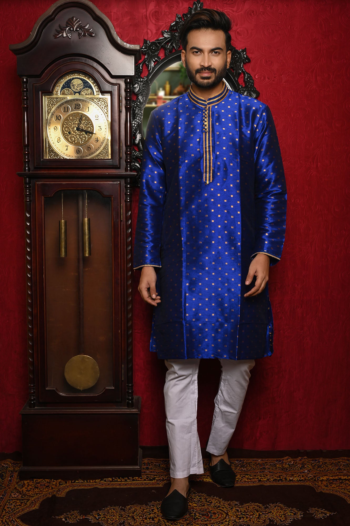 HAMSAFAR Men’s Royal Blue Silk Party Wear Kurta