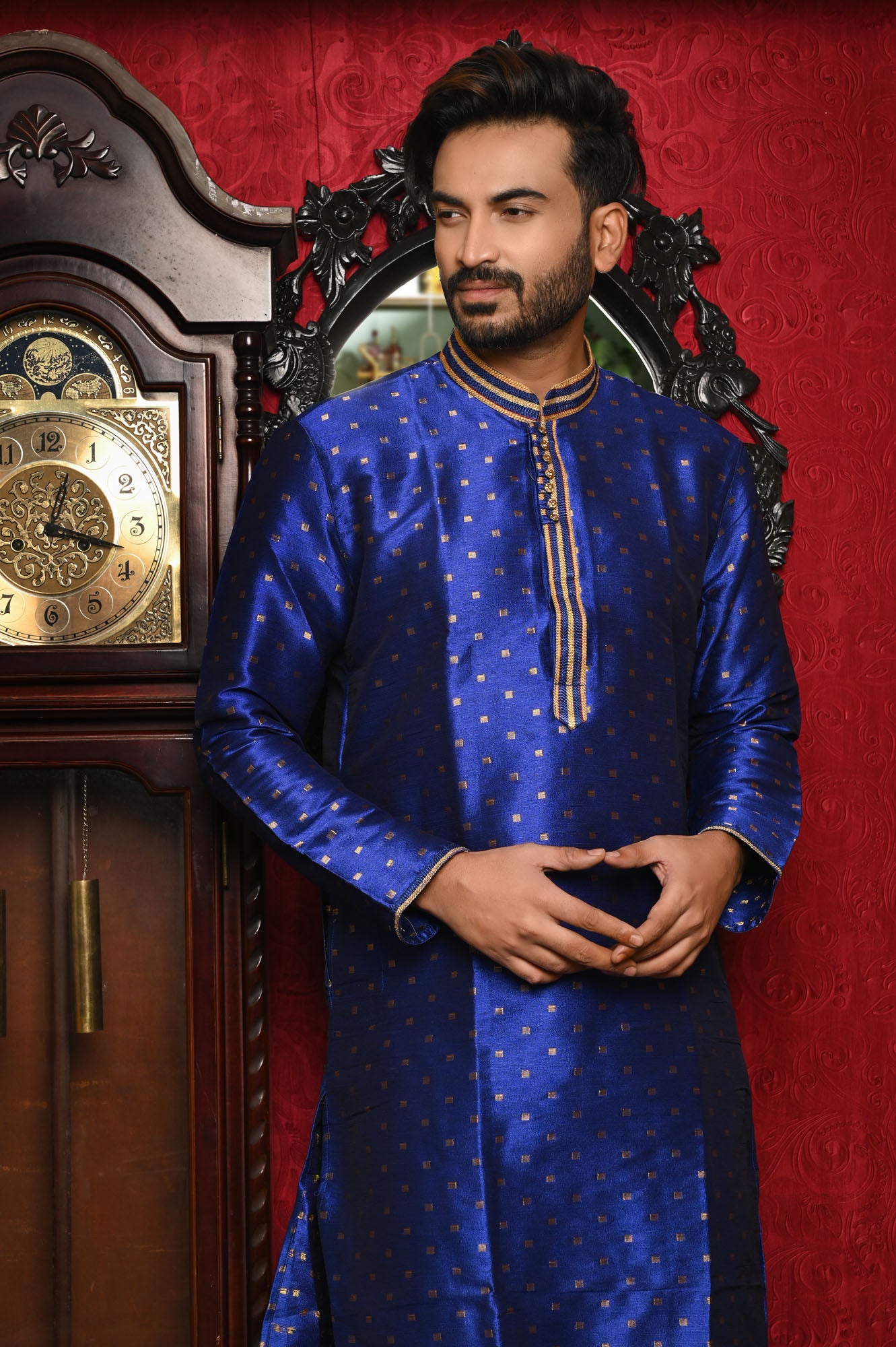 HAMSAFAR Men’s Royal Blue Silk Party Wear Kurta