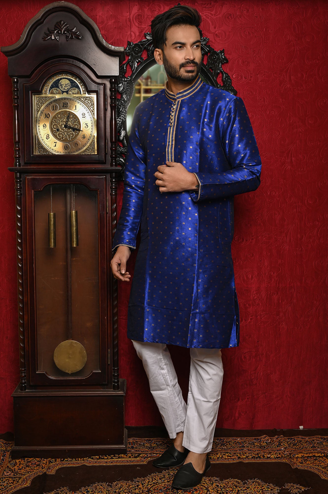 HAMSAFAR Men’s Royal Blue Silk Party Wear Kurta