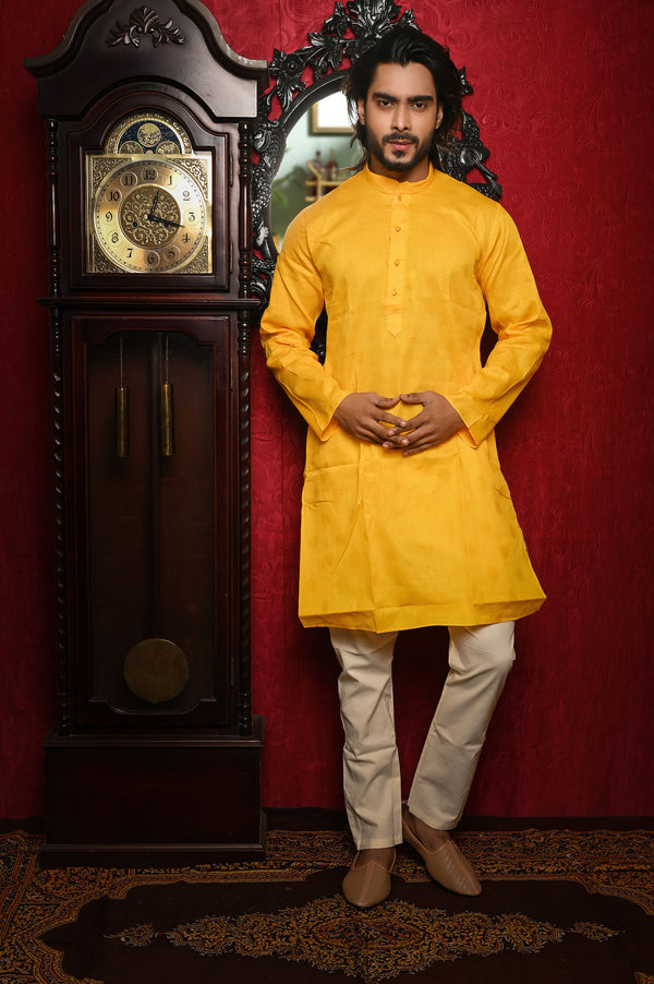 HAMSAFAR Men’s Yellow Cotton Casual Kurta