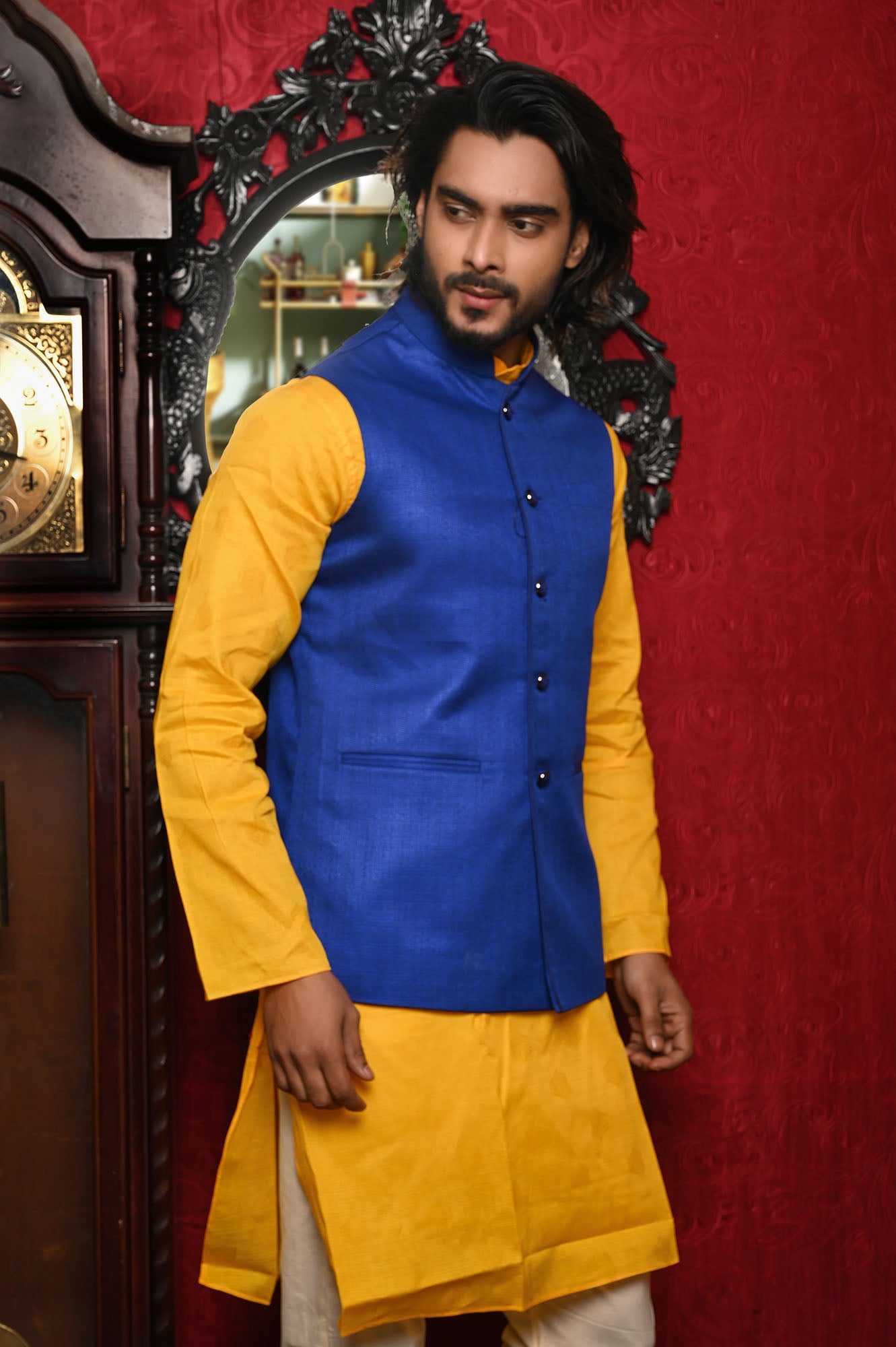 HAMSAFAR Men’s Navy Blue Jute Look Nehru Jacket