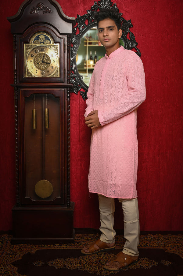 HAMSAFAR Men’s Pink Chiffon Cotton Premium Kurta