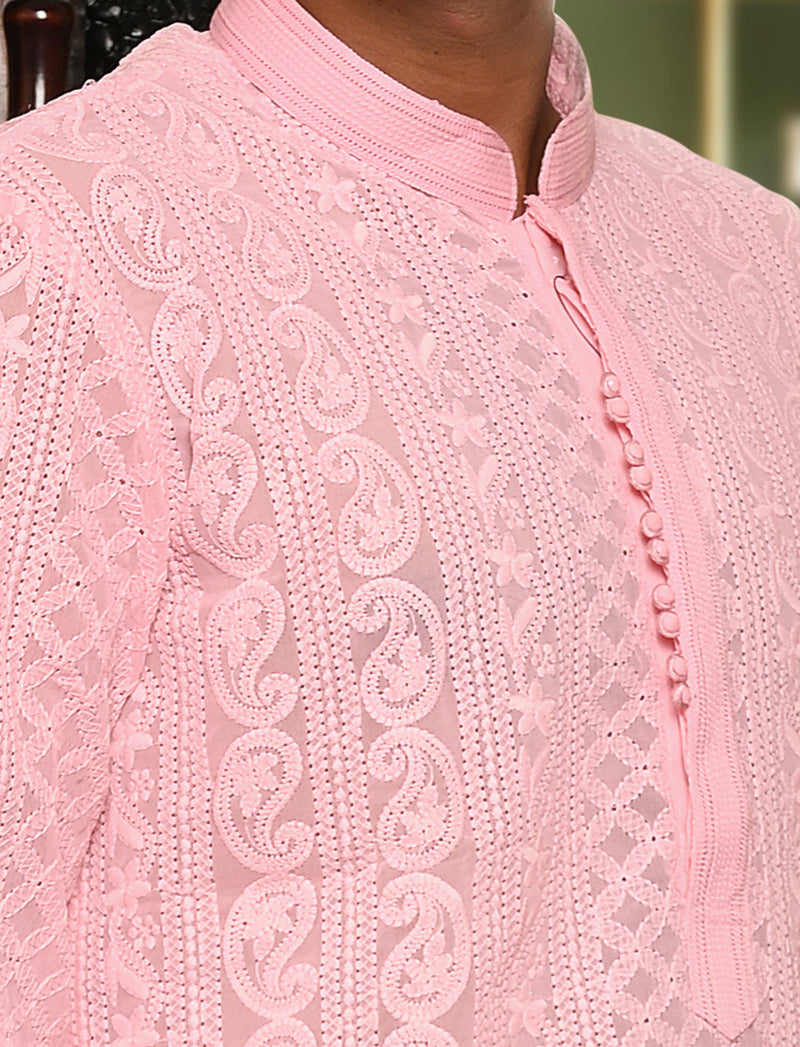 HAMSAFAR Men’s Pink Chiffon Cotton Premium Kurta