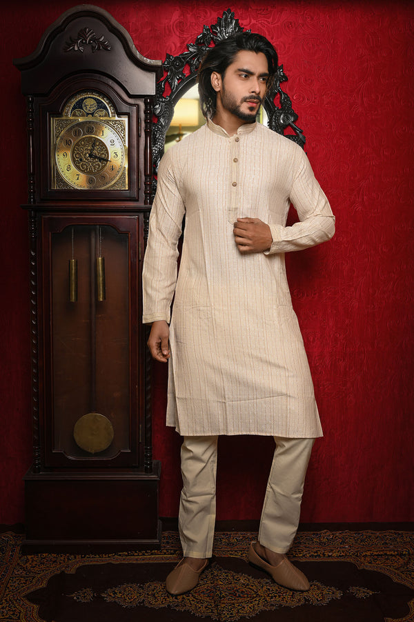 HAMSAFAR Men’s Cream Poly Viscose Embroidered Kurta