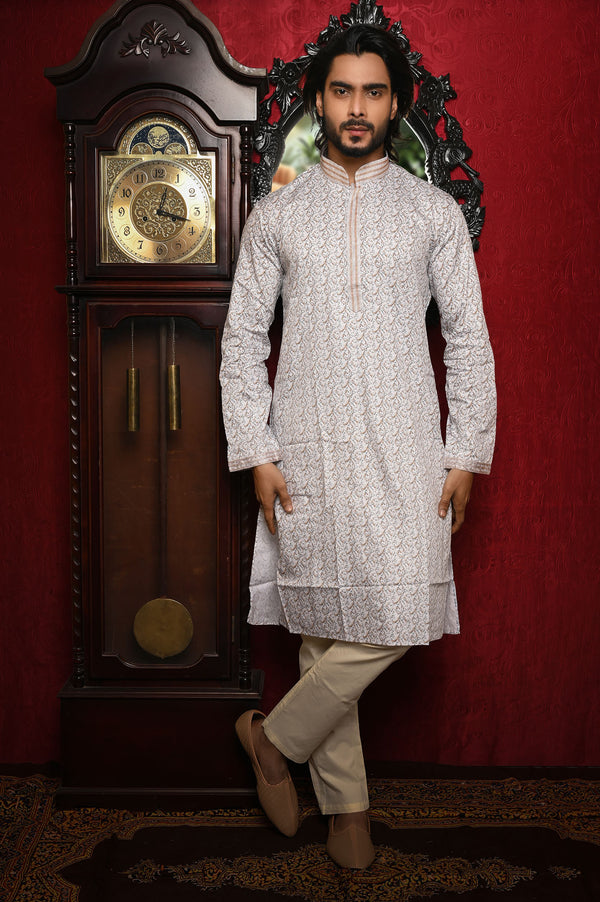 HAMSAFAR Men’s White Printed Cotton Premium Kurta