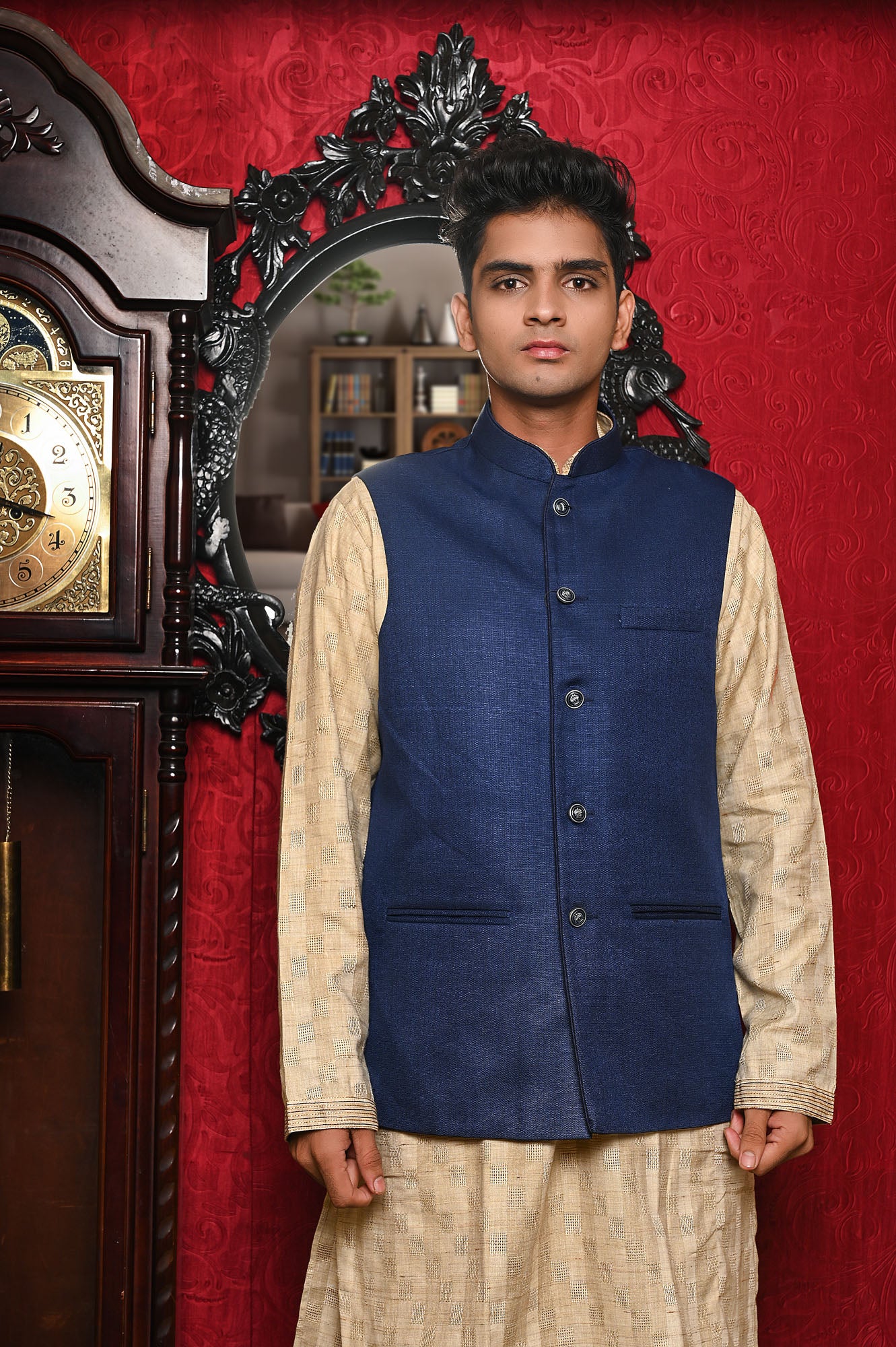 HAMSAFAR Men’s Denim Blue Jute Look Nehru Jacket