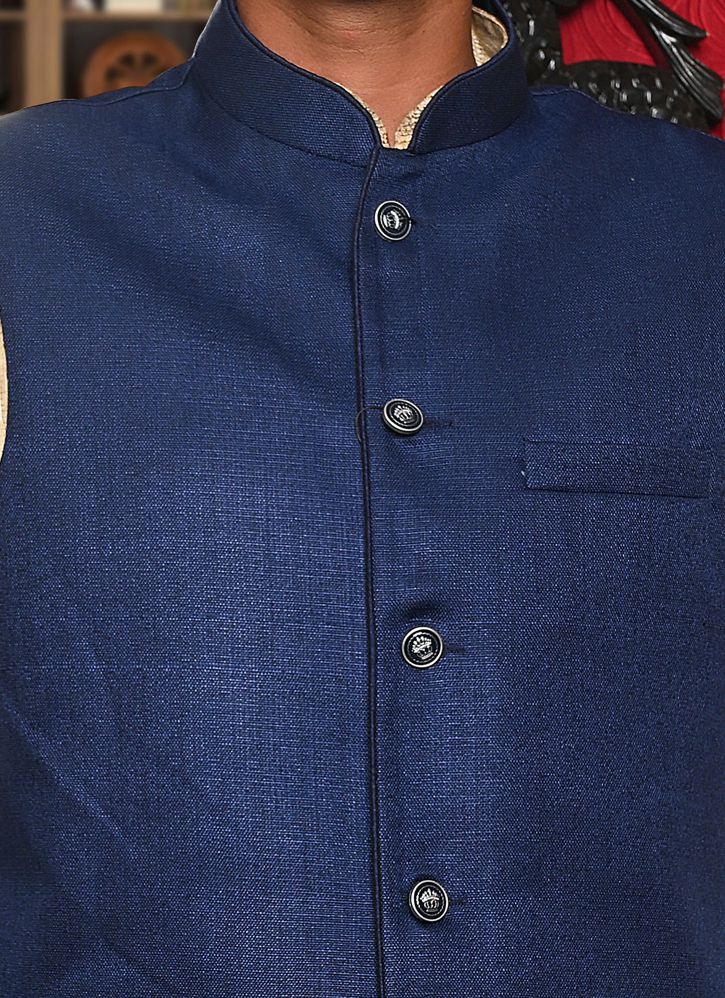 HAMSAFAR Men’s Denim Blue Jute Look Nehru Jacket
