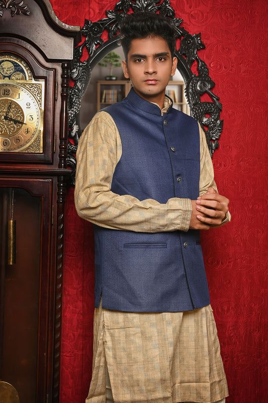 HAMSAFAR Men’s Denim Blue Jute Look Nehru Jacket
