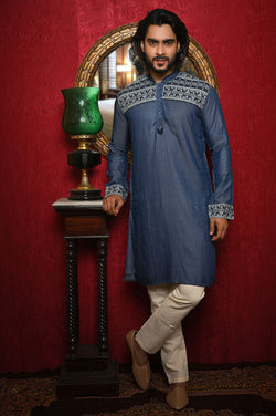 HAMSAFAR Men’s Denim Blue Cotton Premium Kurta