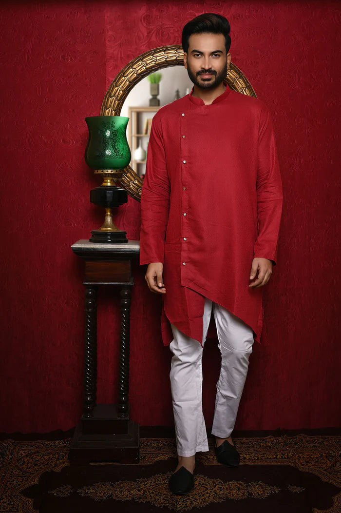 HAMSAFAR Men’s Mehrun Red Linen Cotton Designer Wear Kurta