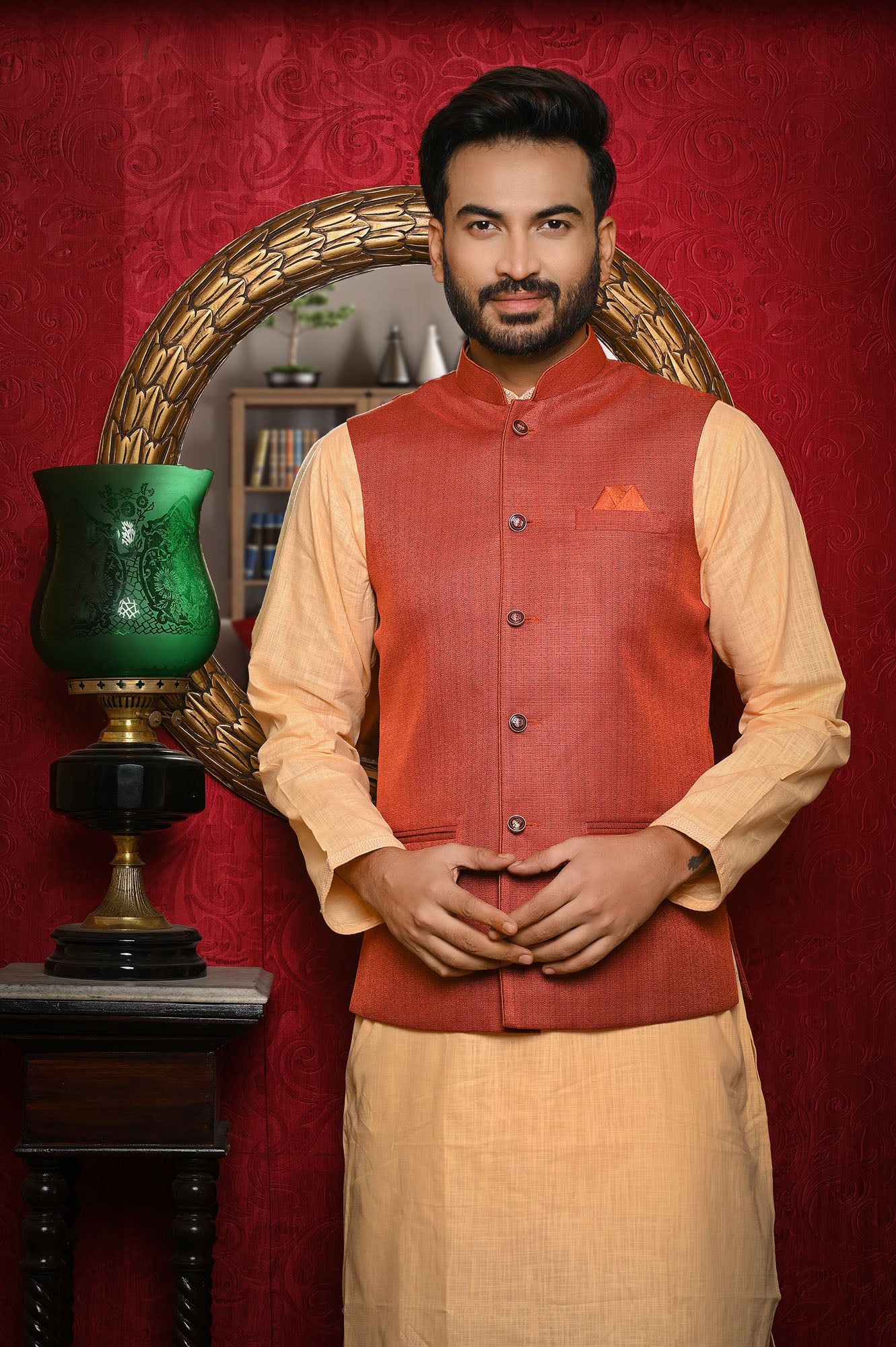 HAMSAFAR Men’s Mehrun Jute Look Nehru Jacket