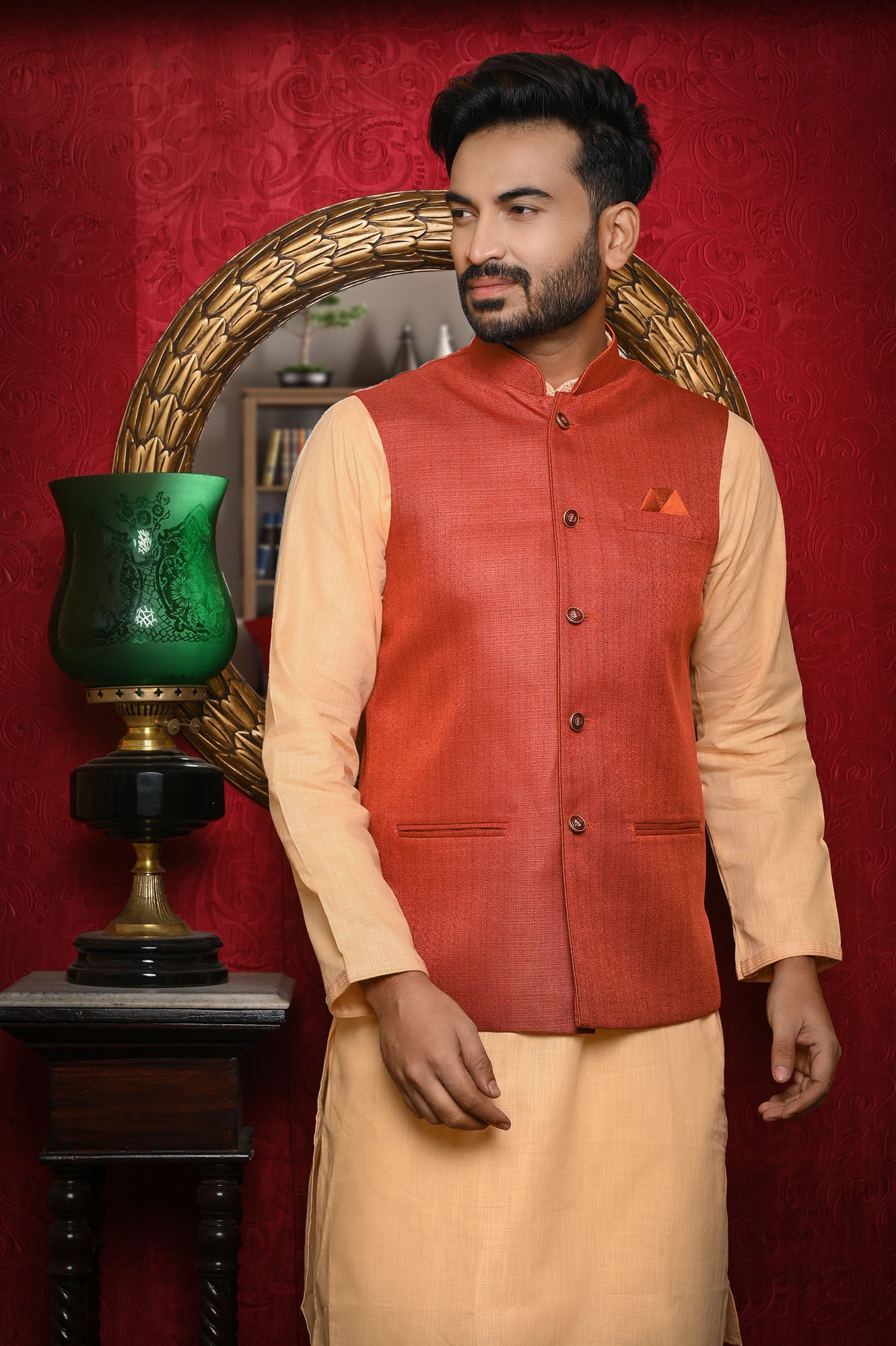 HAMSAFAR Men’s Mehrun Jute Look Nehru Jacket