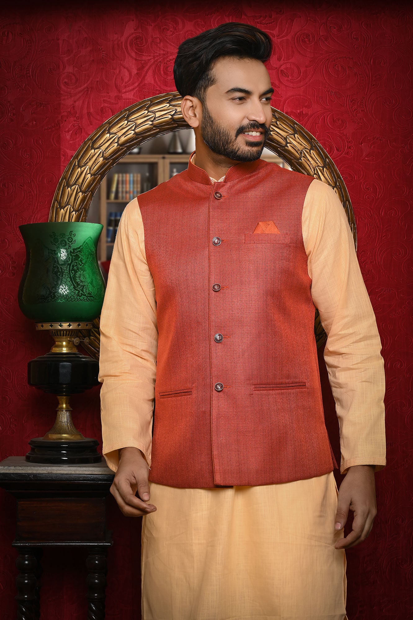 HAMSAFAR Men’s Mehrun Jute Look Nehru Jacket