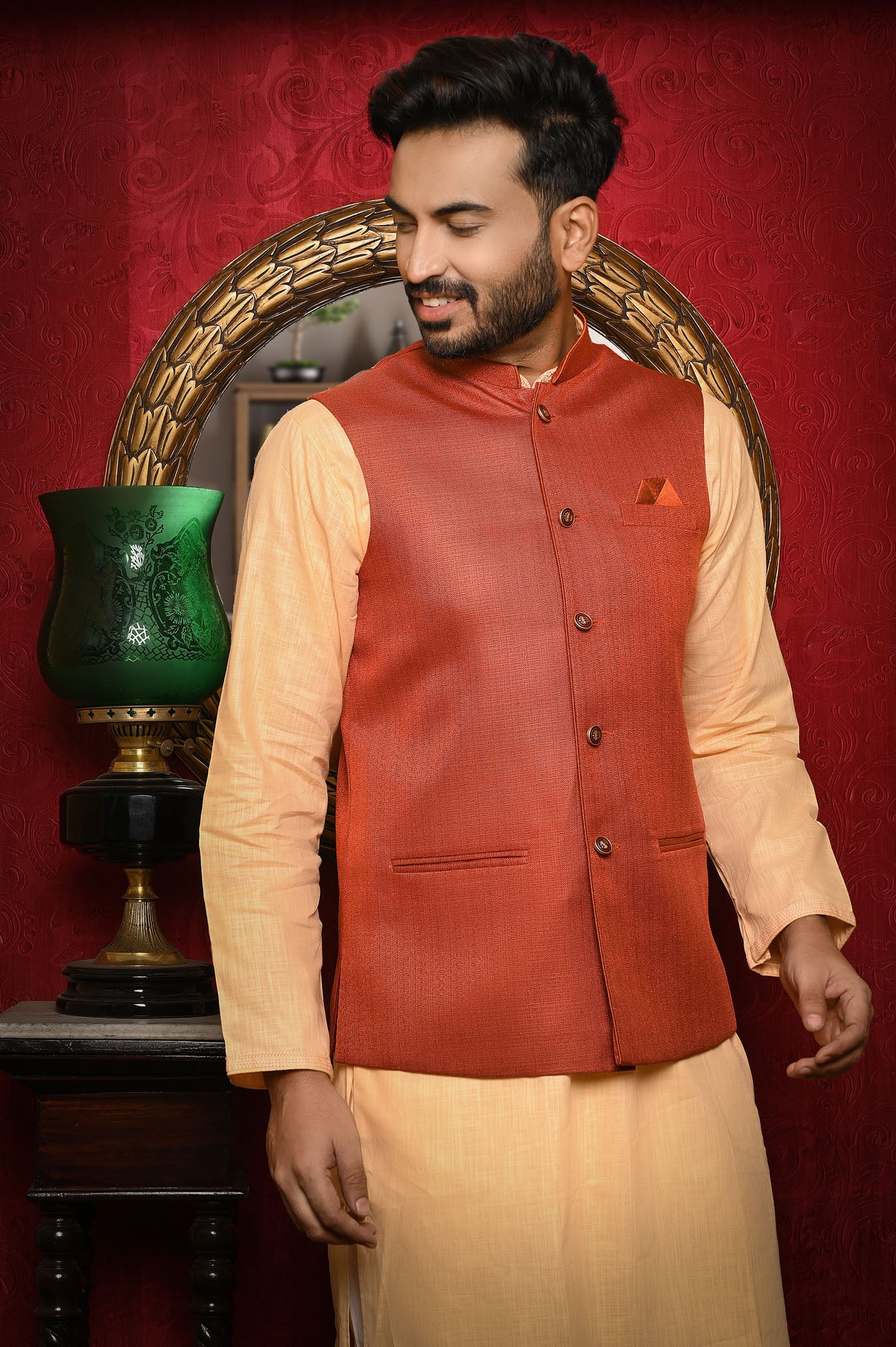 HAMSAFAR Men’s Mehrun Jute Look Nehru Jacket