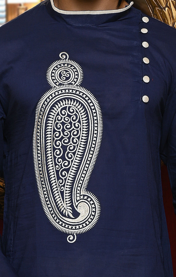 HAMSAFAR Men’s Denim Blue Cotton Festive Wear Kurta