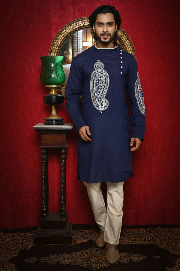 HAMSAFAR Men’s Denim Blue Cotton Festive Wear Kurta