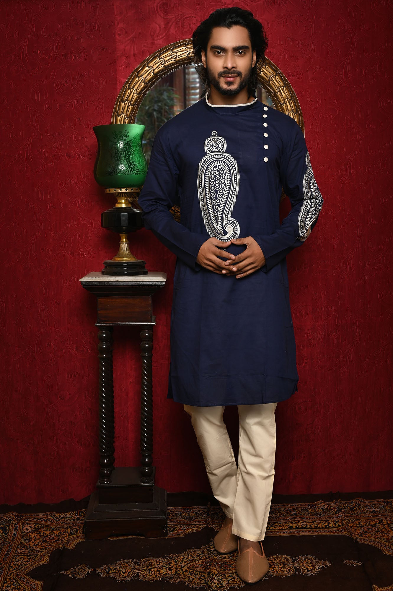 HAMSAFAR Men’s Denim Blue Cotton Festive Wear Kurta