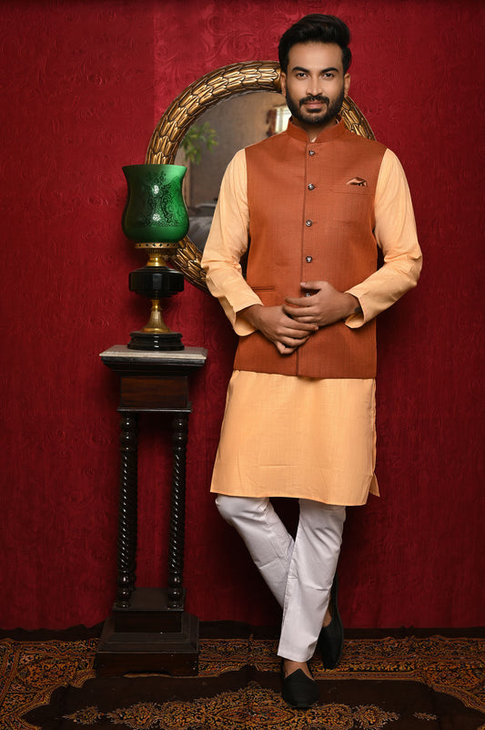 HAMSAFAR Men’s Brown Jute Look Nehru Jacket