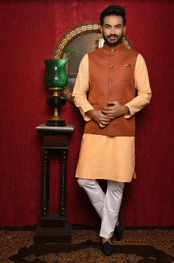 HAMSAFAR Men’s Brown Jute Look Nehru Jacket