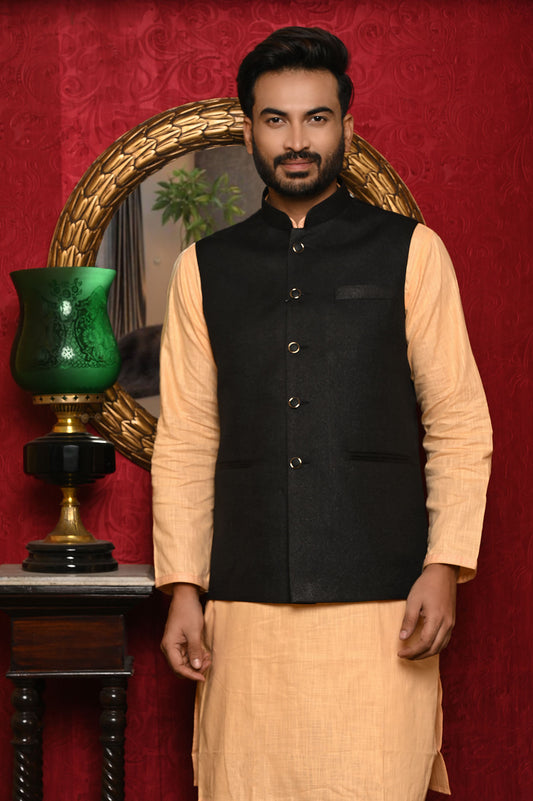 HAMSAFAR Men’s Black Jute Look Nehru Jacket