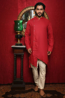 HAMSAFAR Men’s Red Linen Cotton Designer Wear Kurta