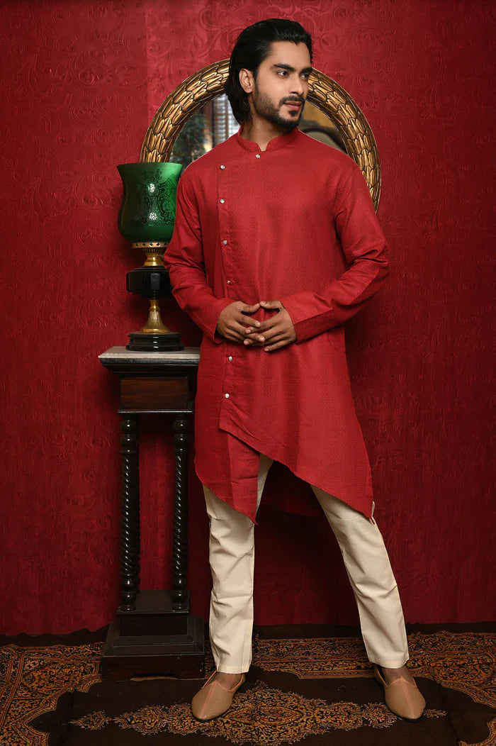HAMSAFAR Men’s Red Linen Cotton Designer Wear Kurta